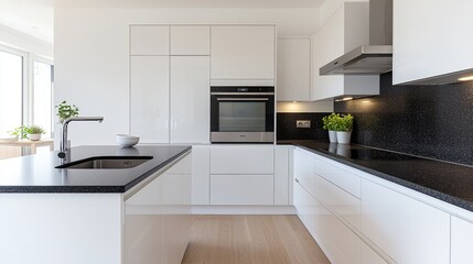 Fototapeta premium Modern white kitchen with black countertops, island, and appliances