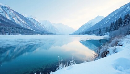 Icy winter landscape with a frozen lake and snow-covered hills, lake, frost, serene