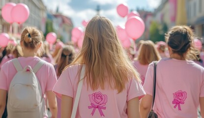 Large crowd walks in support of breast cancer awareness. People wear pink t-shirts with pink ribbons. Many pink balloons float in air.