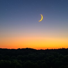 Serene twilight landscape showcasing a crescent moon above lush forests