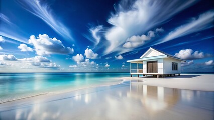Fototapeta premium Serene White Beach House: Minimalist Coastal Landscape Photography