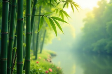 Obraz premium Soft bamboo stalks sway gently in morning breeze, sunlight, misty, serene