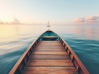 Obraz premium Serene view from a wooden boat at sunrise on calm waters with distant sailboat