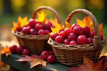Baskets filled with fresh berries and autumn leaves, wicker baskets