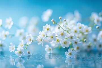 Serene White Flowers on Blue Minimalist Background - Stock Photo