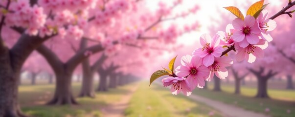 Blooming cherry blossoms with delicate petals, blossom fields, trees