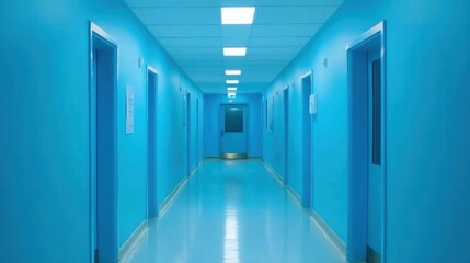 Obraz premium Empty Hospital Hallway with Blue Walls and Clean Floors Illuminated by Bright Lights