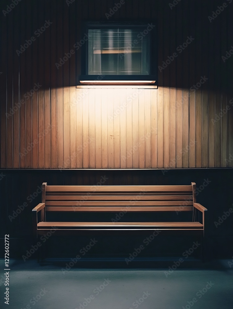 Poster Empty Wooden Bench in Dimly Lit Room with Textured Wall : Generative AI