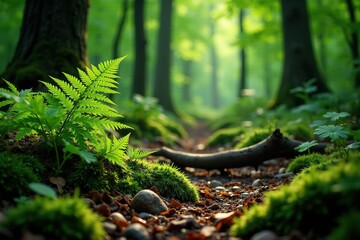 Obraz premium Ferns in a forest floor with fallen branches and moss, branch, foliage