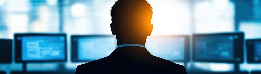 Fototapeta premium silhouette screen front person computer concept. Silhouette of a man in front of multiple screens, creating a sense of technology and analysis in a modern workspace.