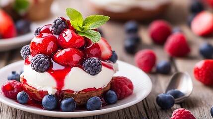 Delicious Dessert with Fresh Berries Cream and Mint on Rustic Wooden Table : Generative AI