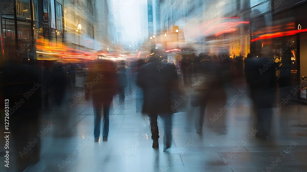 Poster artistic representation of urban life with blurry figures in a cityscape : generative ai