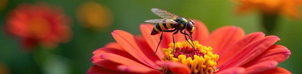 Black and yellow striped hoverfly sips nectar from a colorful zinnia, insects, hoverfly, petals