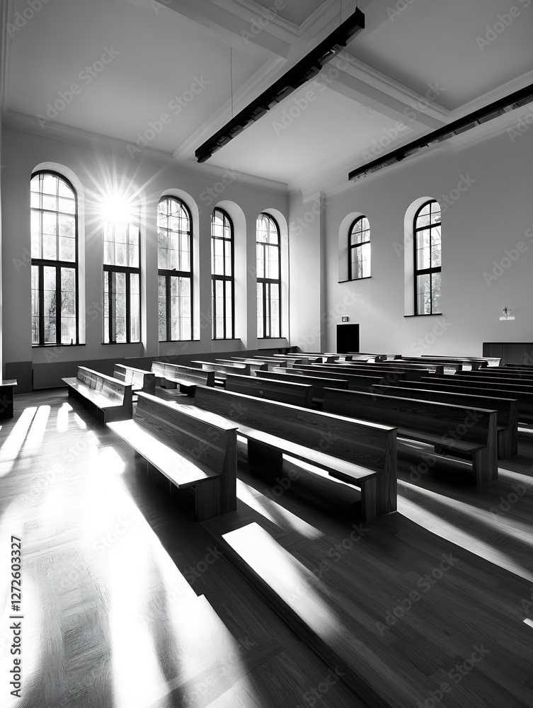 Aufkleber Sunlight streams through large windows in an empty modern church creating dramatic shadows : Generative AI