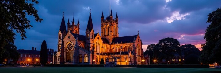 Illuminated spires of St Edmundsbury Cathedral at dusk, architechure, cathedral, Suffolk UK