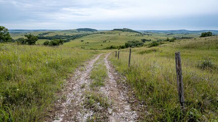 Fototapeta premium Dirt road winds through green rolling hills under an overcast sky in the rural countryside.