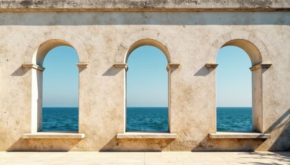 Fototapeta premium Several solitary white arched windows in a weathered wall , open, frame, arch