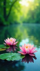 Soft focus water lilies on serene lake background, serene water, lily, lake