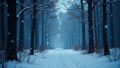 Dark forest with snowflakes falling on bare trees, winter landscape, gloomy tone