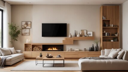 Modern Minimalist Living Room Design Featuring a Built-in Fireplace and Oak Wood Furnishings