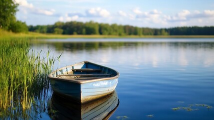 Obraz premium Serene blue boat resting peacefully on calm lake surrounded by lush greenery under bright blue sky : Generative AI