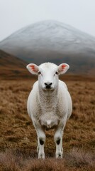 Fototapeta premium Sheep in Mountain Meadow, Focused Portrait, Snowy Peaks
