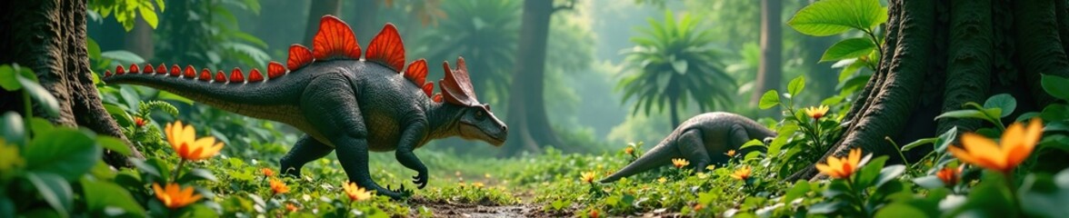 Stegosaurus strolls near a clearing in the jungle, greenery, flowers, leaves