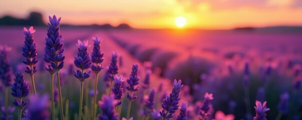 Fototapeta premium Softly glowing lavender flowers in a vast field at sunset, warm, blossoms, blooming