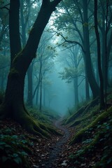 Dark forest with dense trees and twisted branches, rugged landscape, woods, twisted trees