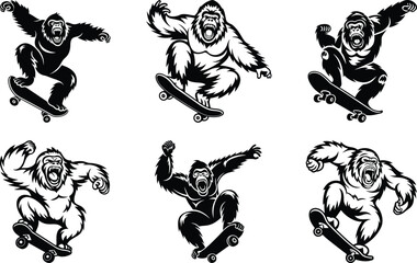 Fierce gorilla performing an extreme skateboarding silhouette vector art, Black color fierce gorilla performing an extreme skateboarding trick line art vector illustration set