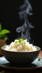 Steaming hot white rice, fluffy texture, in simple bowls , breakfast, home cooking