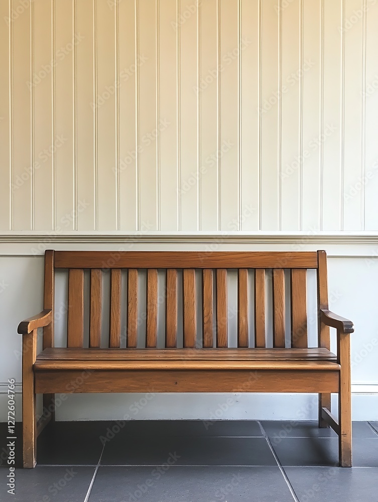 Poster classic wooden bench against a minimalist wall with elegant paneling and clean lines : generative ai