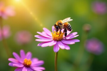 Fototapeta premium Bee's hairy body touching Autumn aster flowers, summer, wildflowers