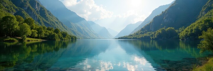 Obraz premium Sun-dappled lake, vibrant mountains reflecting, holiday, vivid, water