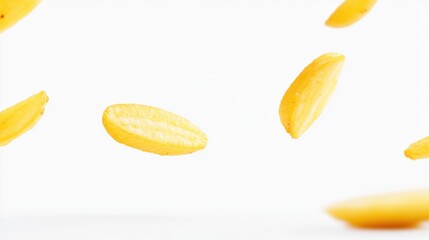 Yellow Grains Falling Gently Against a White Background Capturing Freshness and Motion