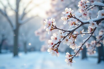 Obraz premium Snowy tree covered with delicate white blossoms, winter wonderland, pollen falling