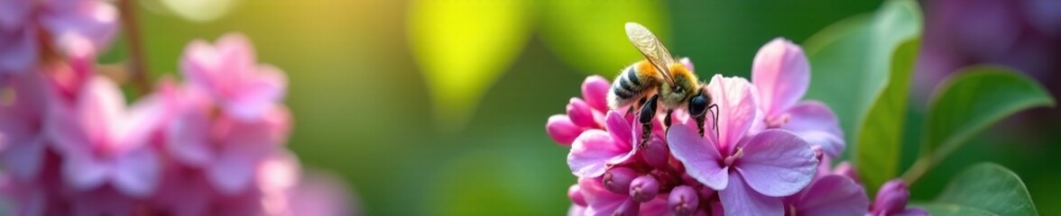 Insect collecting pollen from lilac blossoms amidst green leaves, flowers, bees, insects