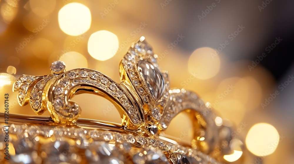 Poster close up of beautifully crafted golden jewelry with sparkling diamonds and bokeh background : genera