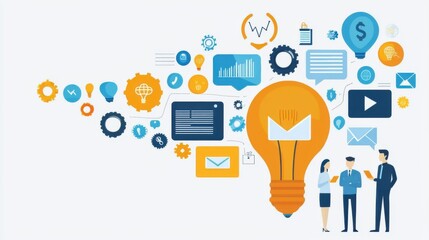 Storytelling in branding builds trust. Business team discussing ideas with light bulb and digital icons.