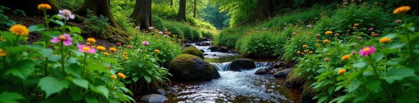 Ferns and wildflowers surrounding a babbling brook, stream, plants