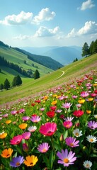 Fototapeta premium Vibrant wildflowers carpet a rolling hill, diverse colors , landscape, flower power