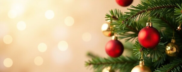 Obraz premium Soft beige background with festive red and gold ornaments on a Christmas tree branch, festive decorations, christmas tree
