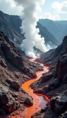 Naklejka premium Steaming rock formations amidst volcanic landscape, earthy, rocks, abstract