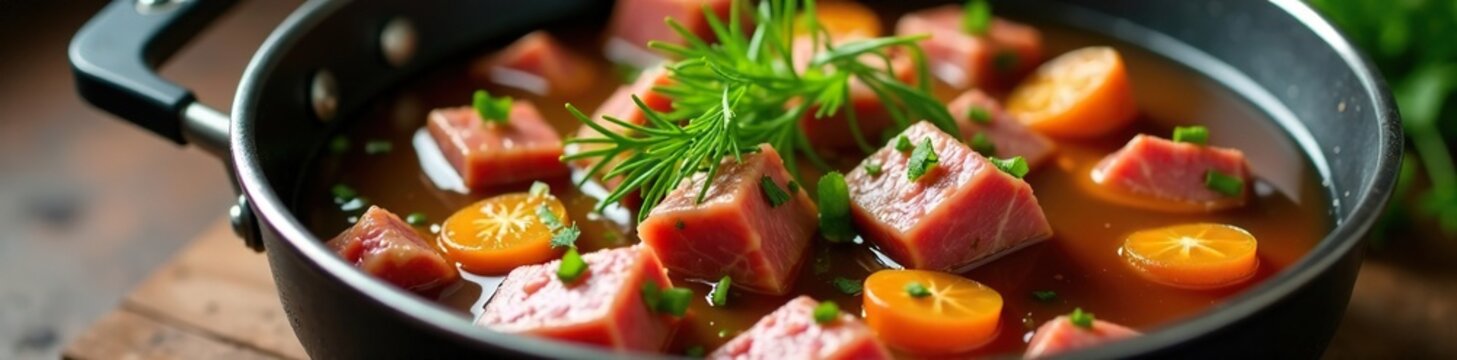 Beef broth and lamb meat cubes mixed with chopped fresh dill in a saucepan, condiment, broth