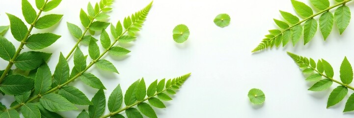 Fototapeta premium Fern leaves in a loose arrangement on a white surface, wild, texture