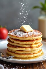 Stack of fluffy pancakes with a sprinkle of powdered sugar on top, breakfast, fluffy