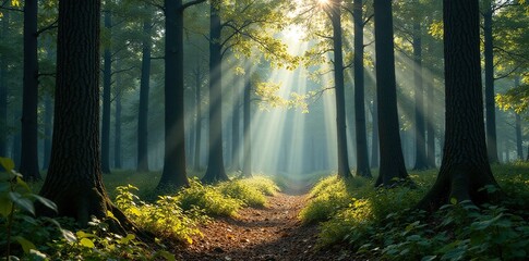 Fototapeta premium Straight trunks rising from dense undergrowth, forest floor, bare branches