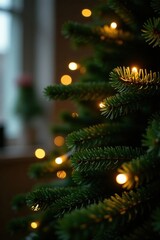 String lights shining through lush green pine garland on a Christmas tree, christmas decorations, festive decoration