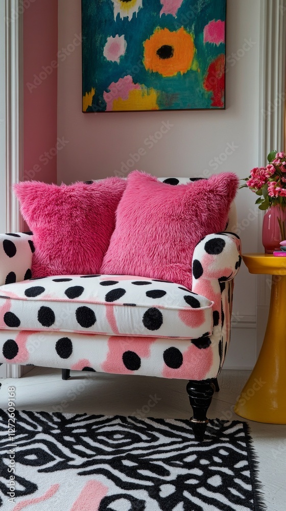Poster This inviting space features a white sofa adorned with large yellow polka dots, complemented by plush pink cushions