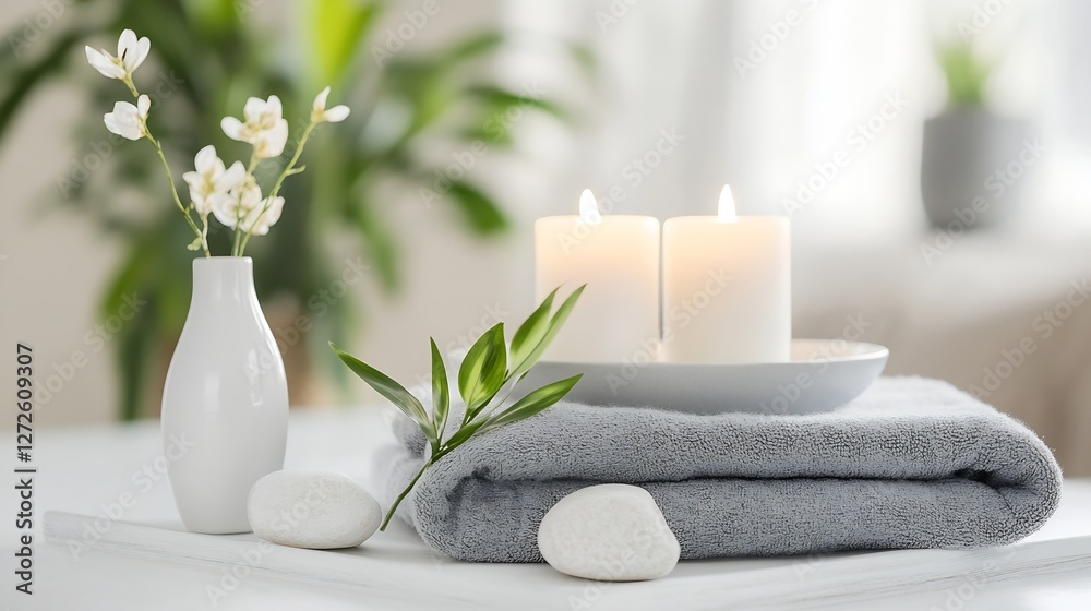 Poster spa setup with towels candles and decorative flowers for relaxation atmosphere : generative ai
